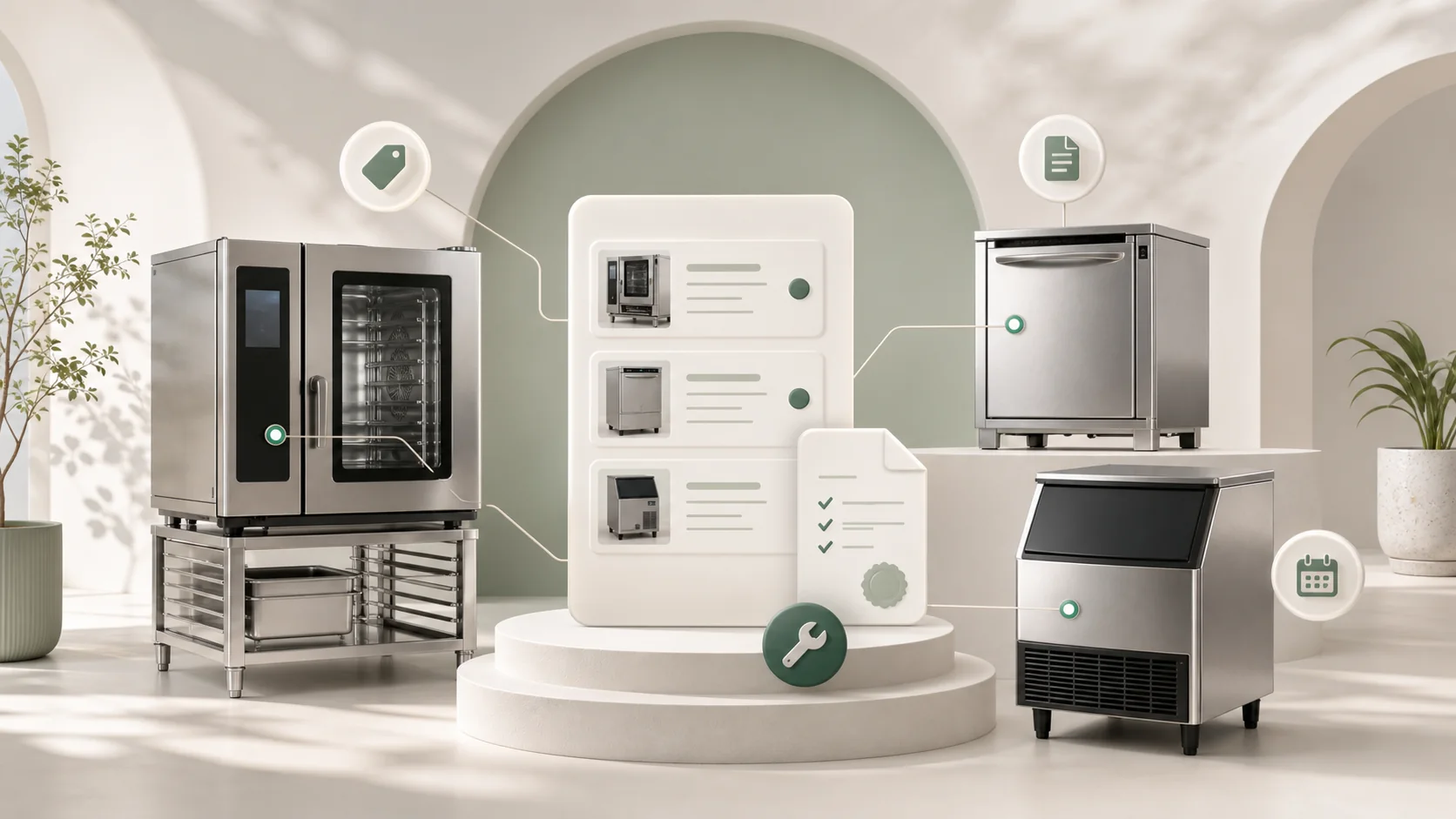 Commercial kitchen equipment linked to serial, service record and maintenance evidence